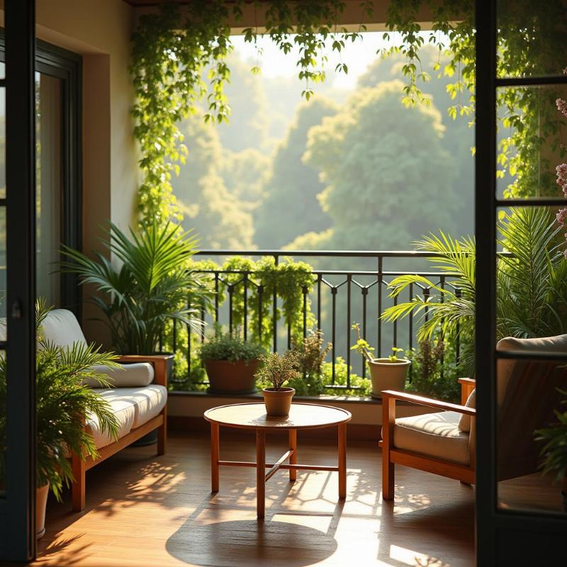 Ban công chung cư hướng Đông Nam sáng sớm, nhiều cây xanh, lý tưởng cho người mệnh Mộc và Thủy