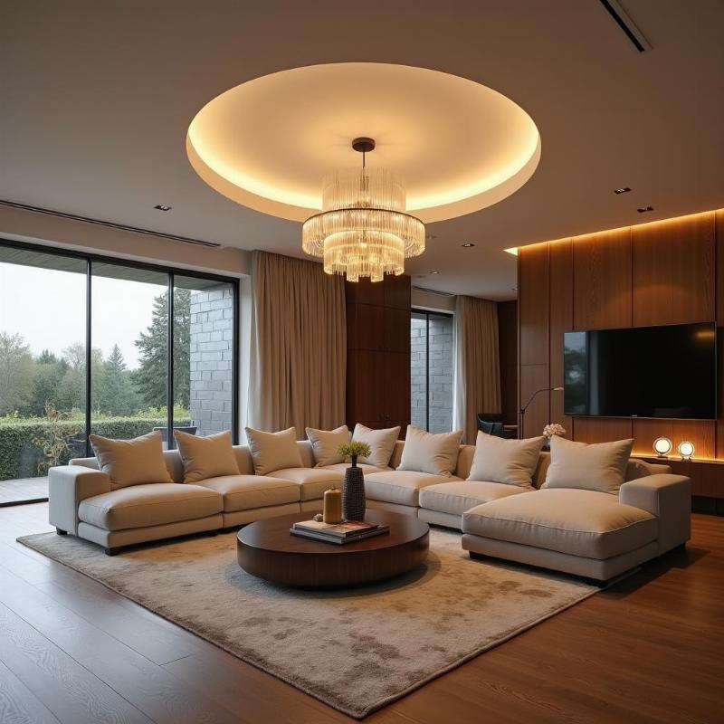 Mẫu đèn chùm tròn treo giữa phòng khách giúp cân bằng năng lượng và mang lại sinh khí