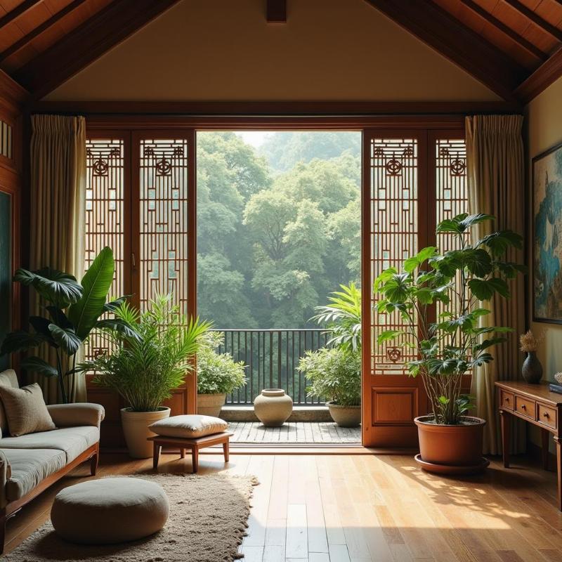 Cách hóa giải cửa chính thẳng cửa hậu bằng bình phong và cây xanh trong nhà