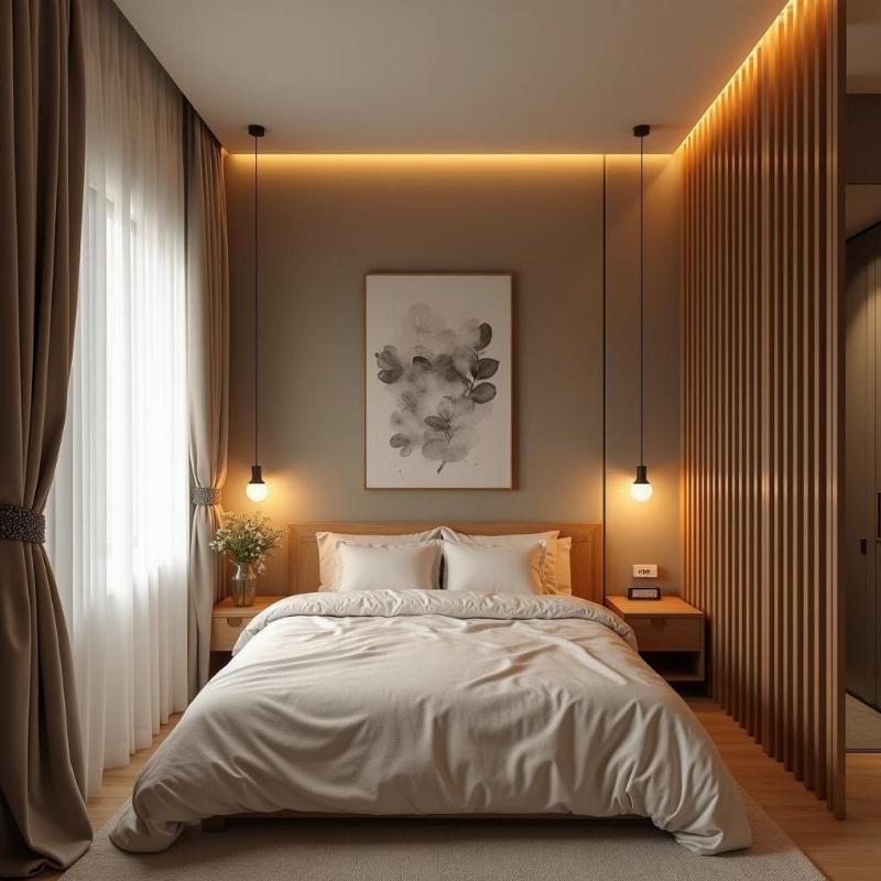 Hóa giải phong thủy cho phòng ngủ dưới cầu thang với rèm, ánh sáng và vách ngăn