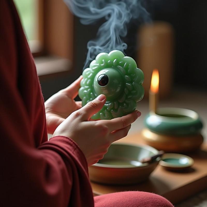 Người phụ nữ khai quang Tỳ Hưu bằng cách chạm vào mắt và đọc chú chiêu tài