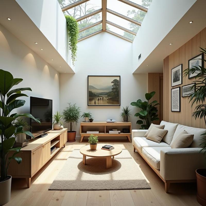 Phòng khách tầng trệt nhà phố với giếng trời tạo ánh sáng và thông gió