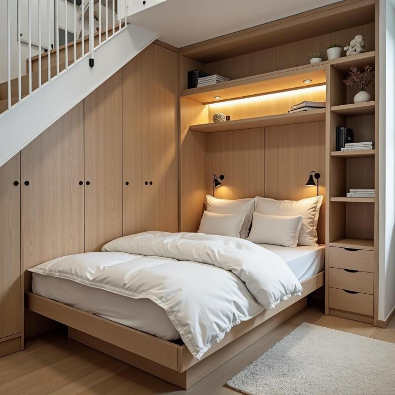 Phòng ngủ dưới cầu thang với nội thất thông minh, tiện dụng và đẹp mắt