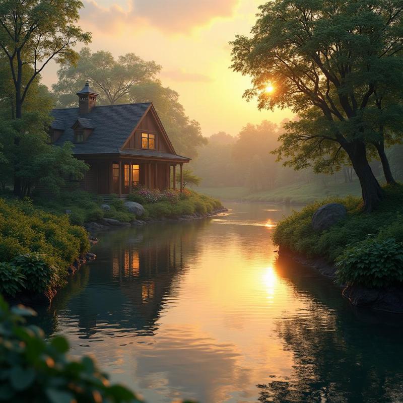 Dòng sông uốn lượn trước ngôi nhà, mang lại tài lộc và sự cân bằng phong thủy cho gia chủ