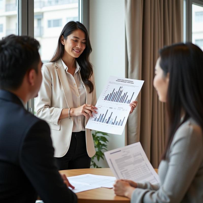 Chuyên viên bất động sản tư vấn khách hàng với biểu đồ và tài liệu phân tích dự án