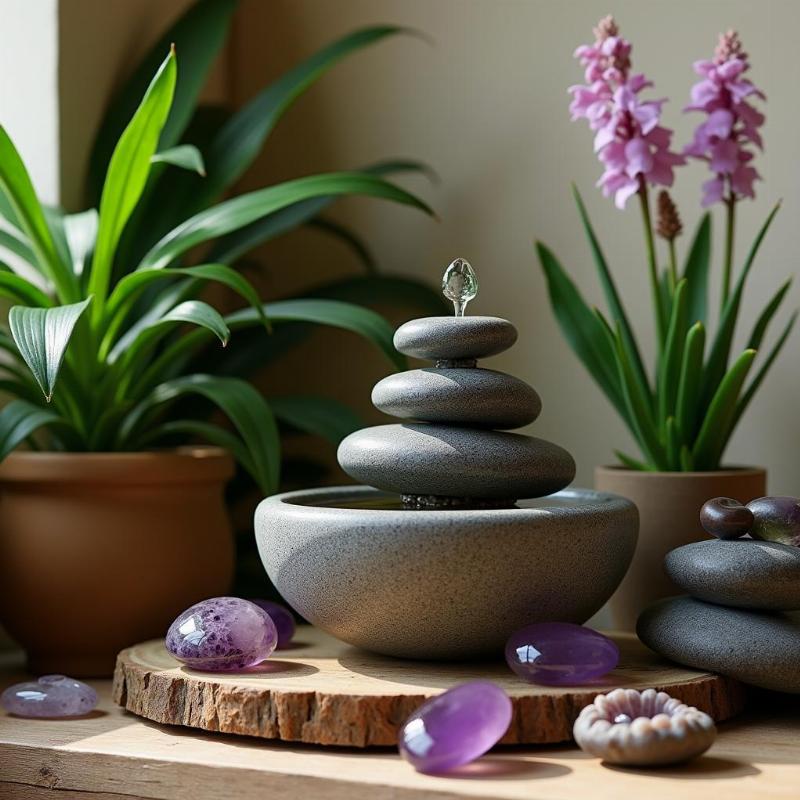 Vật dụng phong thủy cho spa như thác nước nhỏ, cây xanh, đá thạch anh giúp tăng năng lượng tích cực